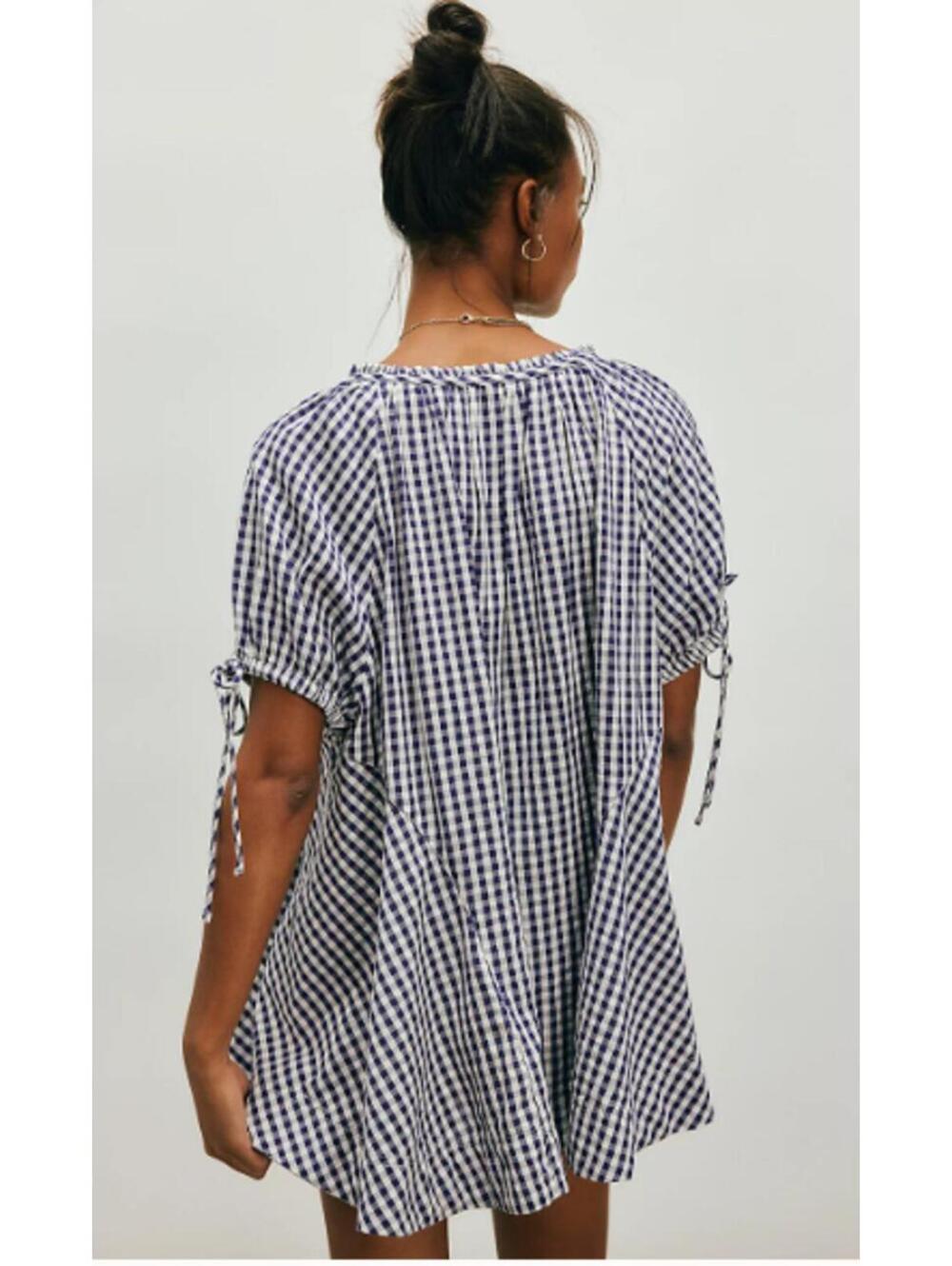 NWT Free People gingham cotton tunic top in navy/white check pattern size small - Picture 2 of 7